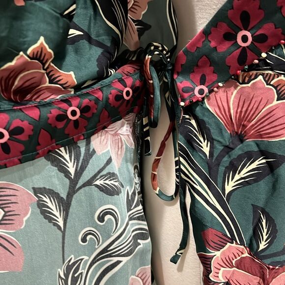 Farm Rio Arabesque Long-Sleeve Wrap Mini Dress Size M Green Floral - Picture 11 of 16